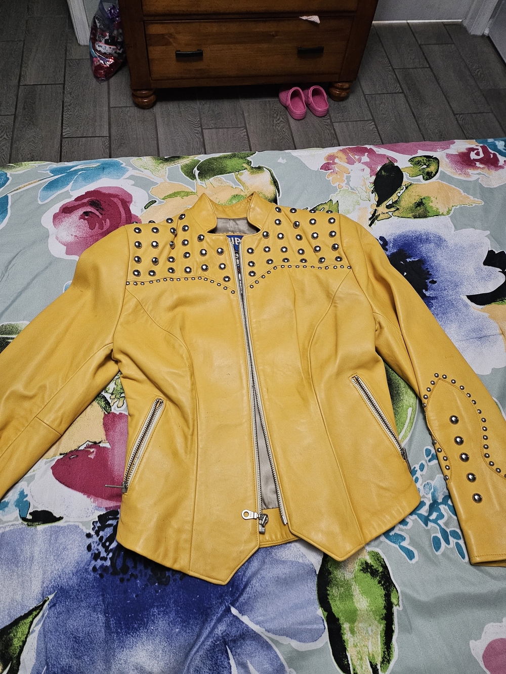 Vintage TRIBE AMERICA Yellow Leather Studded Biker Jacket Made in USA Size 2